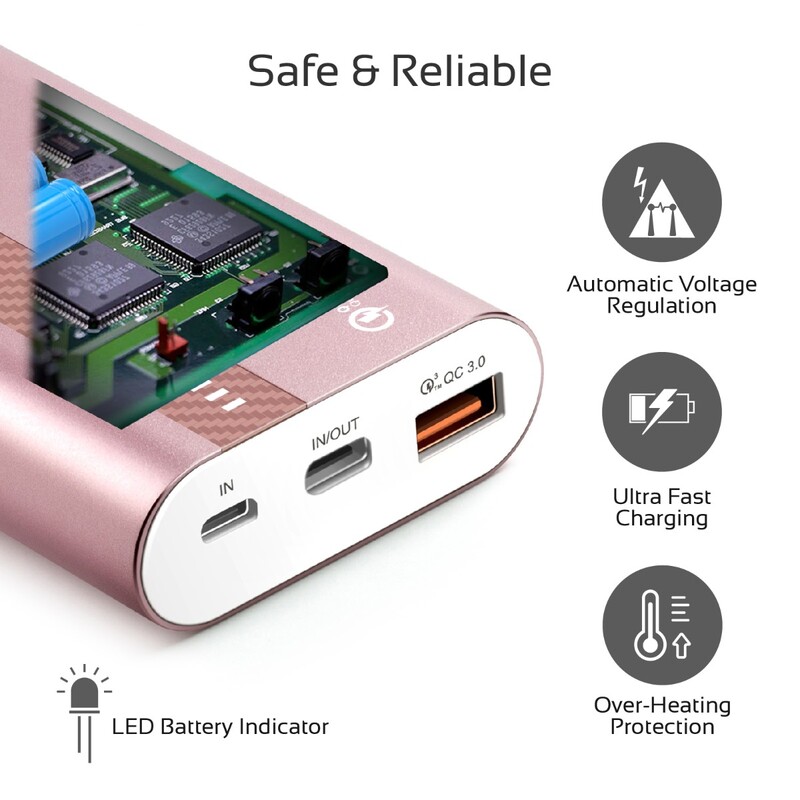 Promate 10000mAh PowerTank-10 USB-C Power Bank, Compact Palm Size 18W USB Type-C Input /Output Power Delivery External Battery Charger with QC 3.0 Port for iPhone XS/XS Max, Samsung S9/S9+, Rose Gold